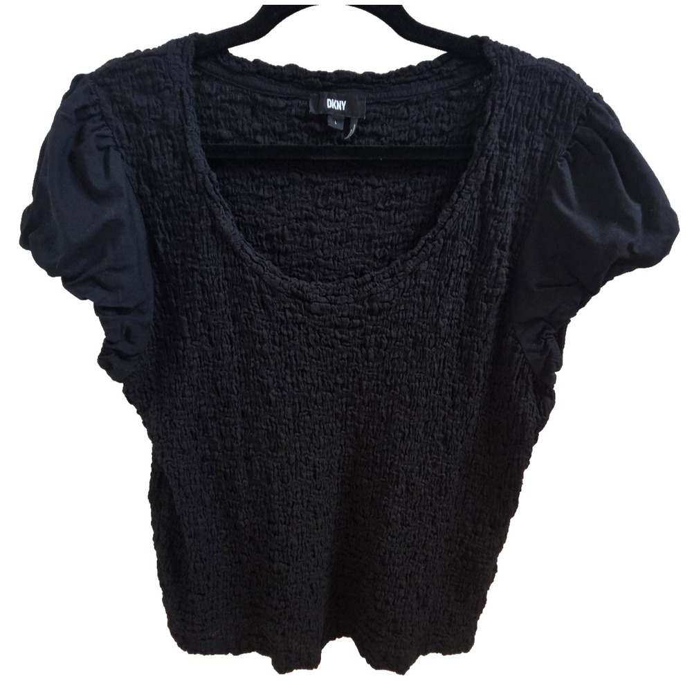 DKNY Black Smocked Textured Top Womens L Puff Sleeve Scoop Neck Blouse